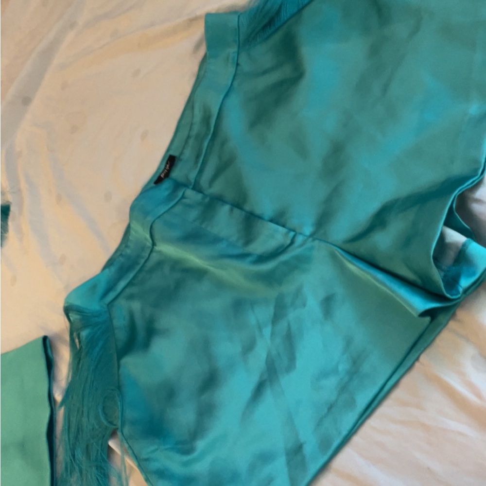 Set of 2 Teal Satin Shorts and blazer with Fringe Detail. Where them fans at set